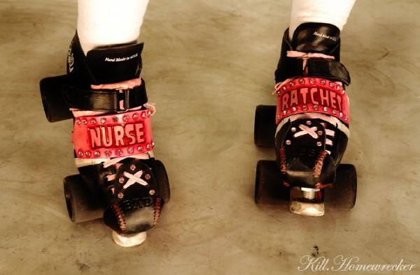 AZDD Nurse Ratchet's DerbyBitch Toe Covers and Skate Bling.
